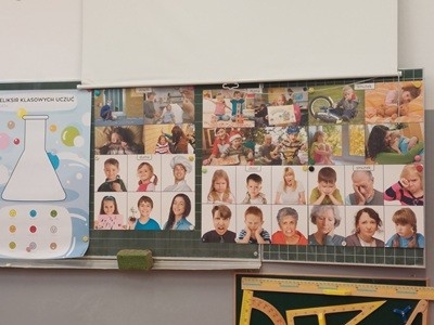 grupa dzieci przedszkolnych podczas wizyty w szkole podstawowej i zajęć o emocjach